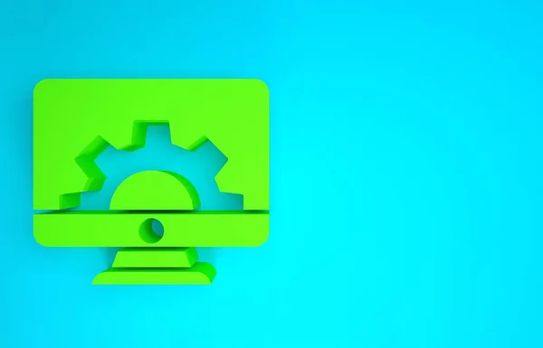 Green Computer monitor and gear icon isolated on blue background. Adjusting, service, setting, maintenance, repair, fixing. Minimalism concept. 3d illustration 3D render