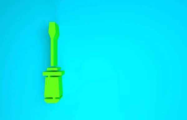 Зеленый значок отвертки выделен на синем фоне. Символ служебного инструмента. Концепция минимализма. 3D-рендеринг — стоковое фото