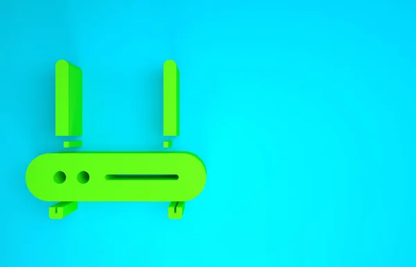 Roteador verde e ícone de sinal wi-fi isolado no fundo azul. Roteador de modem sem fio ethernet. Internet de tecnologia de computador. Conceito de minimalismo. 3D ilustração 3D render — Fotografia de Stock
