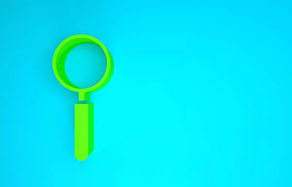 녹색 유리 아이콘이 파란색 배경에 분리되어 있습니다. 검색, 집중, 확대 사업의 상징. 미니멀리즘의 개념입니다. 3d 삽화 3D 렌더링 — 스톡 사진