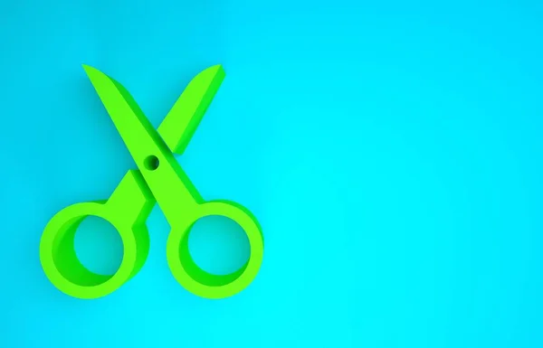 Green Scissors icon isolated on blue background. Cutting tool sign. Minimalism concept. 3d illustration 3D render — Stock Photo, Image