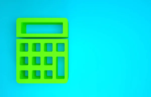 Zielony Kalkulator ikona izolować na błękitny tło. Symbol księgowości. Obliczenia biznesowe matematyka edukacji i finansów. Koncepcja minimalizmu. Ilustracja 3D 3D renderowania — Zdjęcie stockowe