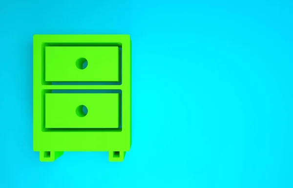 Πράσινη Συρταριέρα με εικονίδιο εγγράφων απομονωμένο σε μπλε φόντο. Συρτάρι αρχειοθέτησης. Συρταριέρα αρχειοθήκης. Έπιπλα γραφείου. Μινιμαλιστική έννοια. 3d απεικόνιση 3D καθιστούν — Φωτογραφία Αρχείου