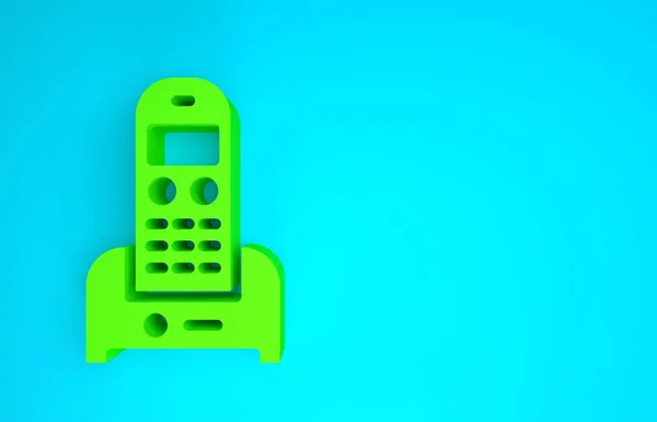 Icône de téléphone vert isolé sur fond bleu. Téléphone fixe. Concept de minimalisme. Illustration 3D rendu 3D — Photo