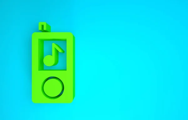 Icona del lettore musicale verde isolato su sfondo blu. Dispositivo musicale portatile. Concetto minimalista. Illustrazione 3d rendering 3D — Foto Stock