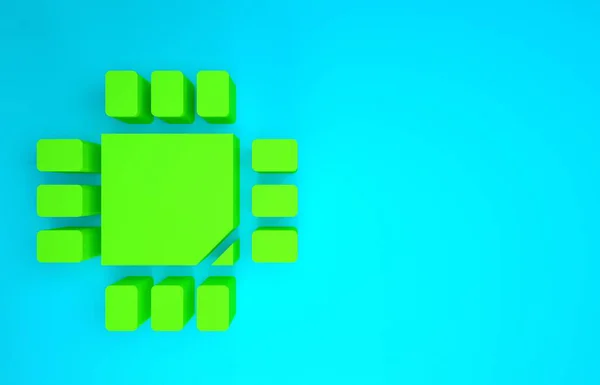 Procesador de computadora verde con icono de la CPU de microcircuitos aislado sobre fondo azul. Chip o cpu con placa de circuito. Micro procesador. Concepto minimalista. 3D ilustración 3D render — Foto de Stock