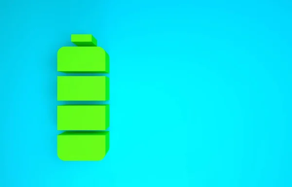 Icono indicador de nivel de carga de batería verde aislado sobre fondo azul. Concepto minimalista. 3D ilustración 3D render — Foto de Stock