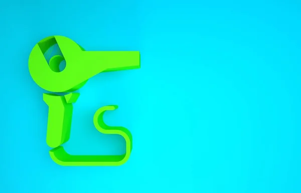 Zöld Hajszárító ikon elszigetelt kék alapon. Hajszárító tábla. Hajszárító szimbólum. Forró levegőt fújok. Minimalizmus koncepció. 3d illusztráció 3D render — Stock Fotó