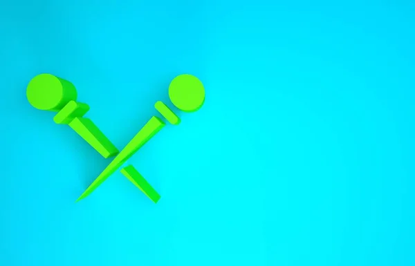 Verde Icono de agujas de tejer aislado sobre fondo azul. Etiqueta para confeccionar a mano, tejer o sastrería. Concepto minimalista. 3D ilustración 3D render — Foto de Stock