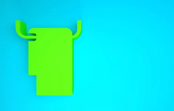 Toalha verde em um ícone de cabide isolado no fundo azul. Ícone de toalha de banho. Conceito de minimalismo. 3D ilustração 3D render — Fotografia de Stock