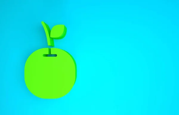 Grünes Apfelsymbol isoliert auf blauem Hintergrund. Obst mit Blattsymbol. Minimalismus-Konzept. 3D Illustration 3D Renderer — Stockfoto
