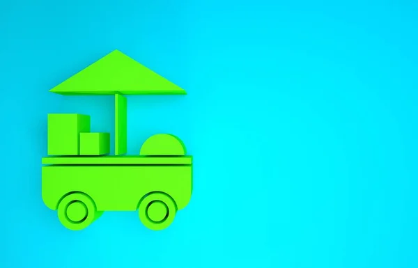 Zielona ikona wózka Fast Street Food na niebieskim tle. Miejski kiosk. Koncepcja minimalizmu. Ilustracja 3D 3D renderowania — Zdjęcie stockowe