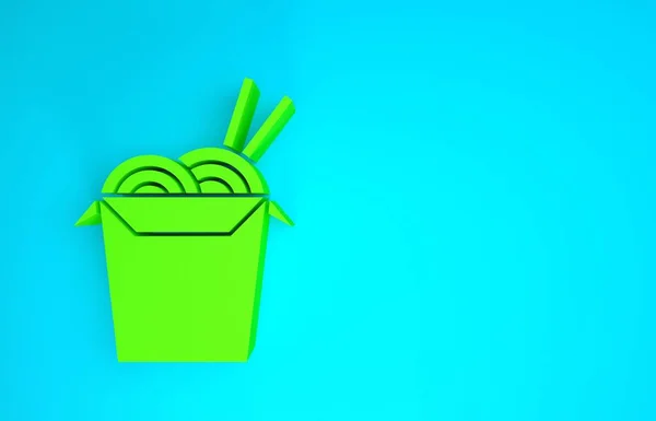 Fideos asiáticos verdes en caja de papel y palillos icono aislado sobre fondo azul. Comida rápida callejera. Coreano, japonés, comida china. Concepto minimalista. 3D ilustración 3D render — Foto de Stock