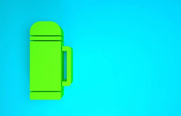 Groene Thermos container pictogram geïsoleerd op blauwe achtergrond. Thermo kolf icoon. Kampeer- en wandeluitrusting. Minimalisme concept. 3d illustratie 3D renderen — Stockfoto