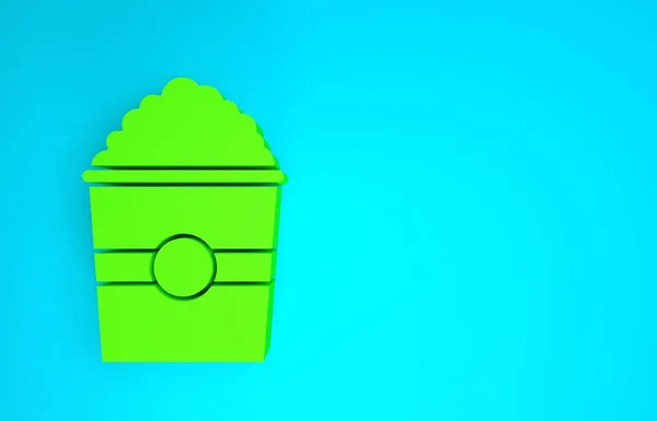 마분지 상자 아이콘 안의 녹색 팝콘은 파란 배경에 분리되어 있습니다. 팝콘 양동이요. 미니멀리즘의 개념입니다. 3d 삽화 3D 렌더링 — 스톡 사진