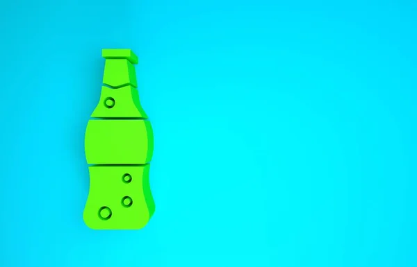 Зелена пляшка значка води ізольована на синьому фоні. Знак содового напою з акваріума. Концепція мінімалізму. 3D ілюстрація 3D рендеринга — стокове фото