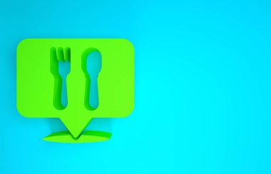 Yeşil kafe ve restoran konumu ikonu mavi arka planda izole edildi. Noktanın içinde çatal ve kaşık yeme işareti var. Minimalizm kavramı. 3d illüstrasyon 3B canlandırma.