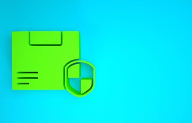 Mavi arka planda kalkan simgesi olan yeşil teslimat güvenliği. Teslimat sigortası. Kalkanın ötesinde sigorta kutuları var. Minimalizm kavramı. 3d illüstrasyon 3B canlandırma