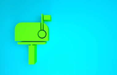 Mavi arkaplanda yeşil posta kutusu simgesi izole edildi. Posta kutusu simgesi. Posta kutusunda bayrak var. Minimalizm kavramı. 3d illüstrasyon 3B canlandırma