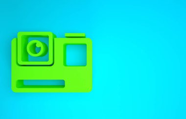 Yeşil Hareket ekstrem kamera simgesi mavi arkaplanda izole edildi. Ekstrem sporları çekmek için video kamera ekipmanı. Minimalizm kavramı. 3d illüstrasyon 3B canlandırma