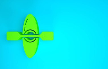 Mavi arka planda yeşil kano ve kürek ikonu izole edildi. Balıkçılık ve turizm için kano. Açık hava aktiviteleri. Minimalizm kavramı. 3d illüstrasyon 3B canlandırma