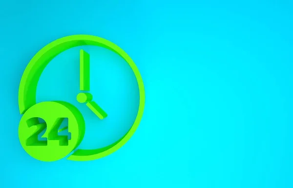 Green Clock 24 hodin ikona izolované na modrém pozadí. Celodenní cyklická ikona. 24 hodinový symbol služby. Minimalismus. 3D ilustrace 3D vykreslení — Stock fotografie