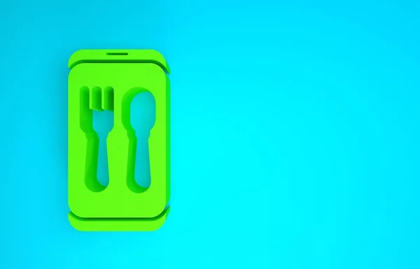 Green Online ordering and fast food delivery icon isolated on blue background. Burger sign. Minimalism concept. 3d illustration 3D render — Stock Photo, Image