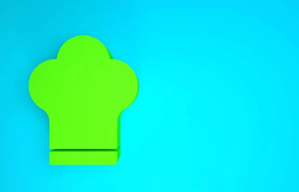 Icône chapeau Chef vert isolé sur fond bleu. Symbole de cuisson. Chapeau de cuisine. Concept de minimalisme. Illustration 3D rendu 3D — Photo