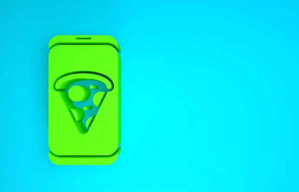 Green Food bestellen pizza pictogram geïsoleerd op blauwe achtergrond. Bestellen via mobiele telefoon. Restaurant food delivery concept. Minimalisme concept. 3d illustratie 3D renderen — Stockfoto