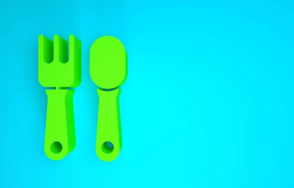 Green Fork and spoon icon isolated on blue background. Cooking utensil. Cutlery sign. Minimalism concept. 3d illustration 3D render — Stock Photo, Image