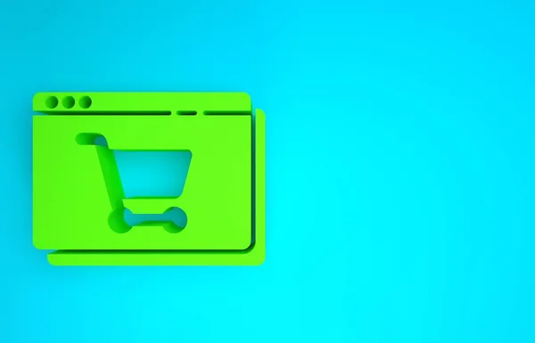 Compras online verdes no ícone de tela isolado no fundo azul. Conceito e-commerce, e-business, marketing de negócios online. Conceito de minimalismo. 3D ilustração 3D render — Fotografia de Stock