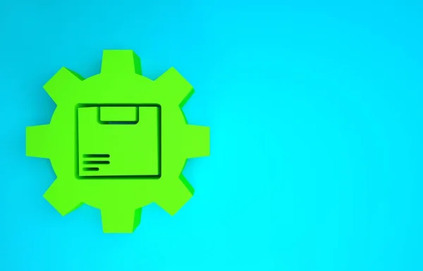 Зеленое колесо Gear с иконкой коробки, выделенной на синем фоне. Коробка, посылка, знак посылки. Доставка и упаковка. Концепция минимализма. 3D-рендеринг — стоковое фото
