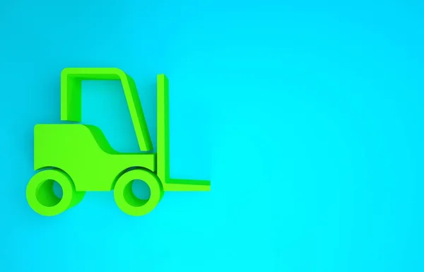 Ícone de caminhão de empilhadeira verde isolado no fundo azul. Carregador de garfo e caixa de papelão. Entrega de carga, transporte, transporte. Conceito de minimalismo. 3D ilustração 3D render — Fotografia de Stock