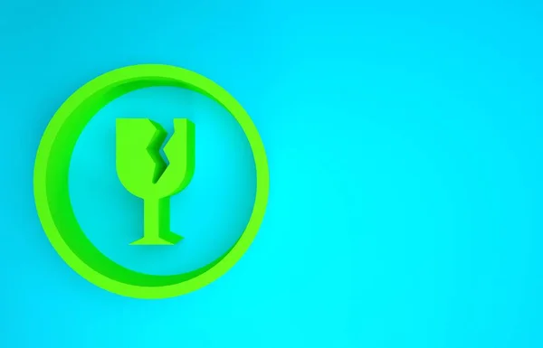 Zielony kruchy symbol stłuczone szkło dla ikony pudełek dostawy izolowane na niebieskim tle. Koncepcja minimalizmu. Ilustracja 3D 3D renderowania — Zdjęcie stockowe