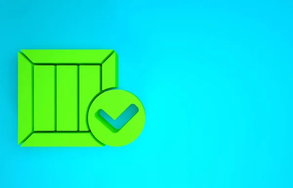 Green Wooden box with check mark icon isolated on blue background. Parcel box. Approved delivery or successful package receipt. Minimalism concept. 3d illustration 3D render