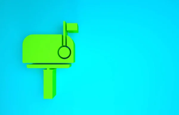Grön Mail box ikon isolerad på blå bakgrund. Brevlådeikonen. Brevlåda på stolpe med flagga. Minimalistiskt koncept. 3D-återgivning för 3D — Stockfoto