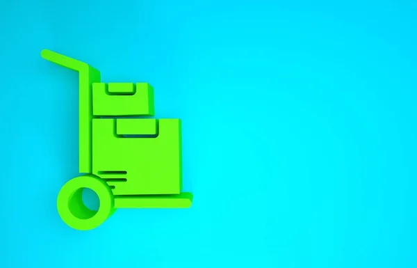 Green Hand truck and boxes icon isolated on blue background. Dolly symbol. Minimalism concept. 3d illustration 3D render — Stock Photo, Image