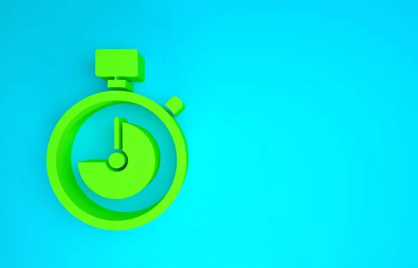 Ikona Green Stopwatch odizolowana na niebieskim tle. Znak czasowy. Znak chronometryczny. Koncepcja minimalizmu. Ilustracja 3D 3D renderowania — Zdjęcie stockowe