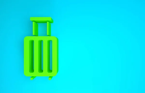 푸른 배경에 고립 된 여행용 아이콘을 위한 녹색 가방. 여행 가방 표지판. 여행 가방 아이콘. 미니멀리즘의 개념입니다. 3d 삽화 3D 렌더링 — 스톡 사진