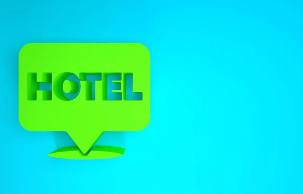 Green Location Hotelsymbol isoliert auf blauem Hintergrund. Konzeptsymbol für Hotel, Hostel, Reisen, Wohnungsmieten, Immobilien. Minimalismus-Konzept. 3D Illustration 3D Renderer — Stockfoto