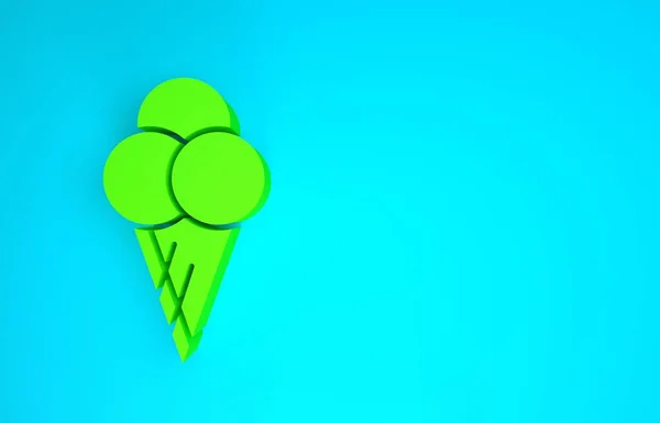 Зелене морозиво в значку вафельного конуса ізольовано на синьому фоні. Солодкий символ. Концепція мінімалізму. 3D ілюстрація 3D рендеринга — стокове фото