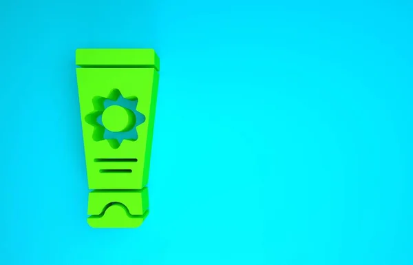 Zielony krem z filtrem przeciwsłonecznym w ikonie tubki izolowane na niebieskim tle. Ochrona skóry przed światłem ultrafioletowym słonecznym. Koncepcja minimalizmu. Ilustracja 3D 3D renderowania — Zdjęcie stockowe