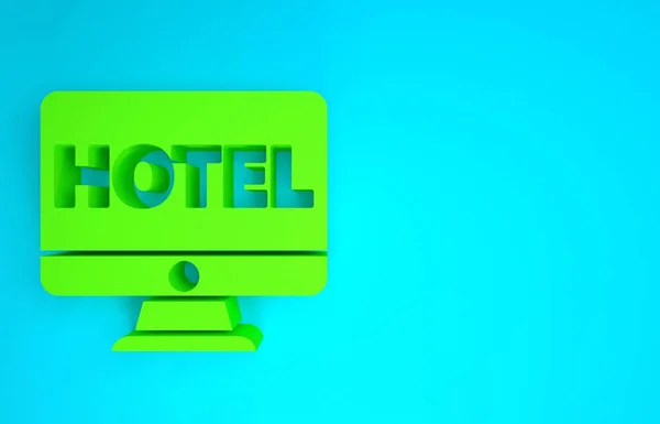 Icono de reserva de hotel en línea verde aislado sobre fondo azul. Concepto de diseño de reserva en línea para monitor de ordenador. Concepto minimalista. 3D ilustración 3D render —  Fotos de Stock