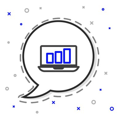 Grafik çizelgesi simgesine sahip dizüstü bilgisayar beyaz arkaplanda izole edildi. Metin dosya simgesini rapor et. Muhasebe tabelası. Denetim, analiz, planlama. Renkli taslak konsepti. Vektör İllüstrasyonu.