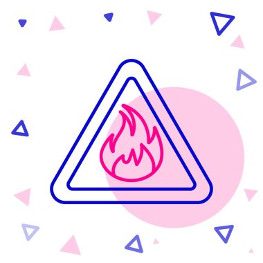 Beyaz arkaplanda izole edilmiş üçgen ikonunda çizgi yangını. Yanıcı madde için uyarı işareti. Renkli taslak konsepti. Vektör İllüstrasyonu.