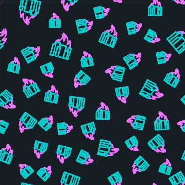 Şehir simgesindeki yanan binalarda çizgi yangını siyah arka planda izole edilmiş. Yıkılmış şehir yanıyor. Vektör İllüstrasyonu.