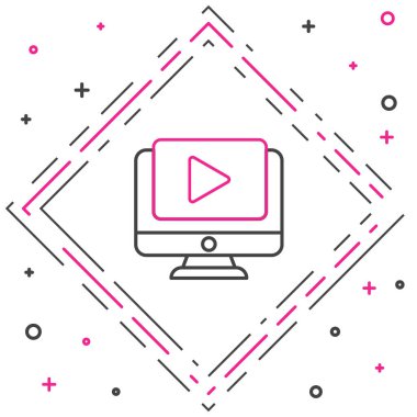 Line Online video simgesi beyaz arkaplanda izole edildi. Bilgisayar monitörü ve oyun işaretli film şeridi. Renkli taslak konsepti. Vektör İllüstrasyonu.