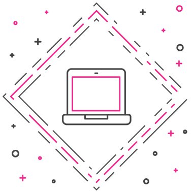 Dizüstü bilgisayar simgesi beyaz arkaplanda izole edildi. Boş ekran işaretli bilgisayar defteri. Renkli taslak konsepti. Vektör İllüstrasyonu.