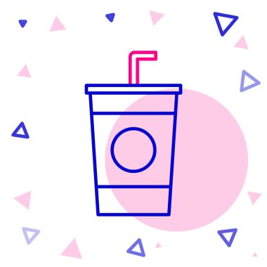 Beyaz zemin üzerinde saman ve su ikonu olan çizgi kağıt bardak. Soda bardağı. Taze soğuk içecek sembolü. Renkli taslak konsepti. Vektör İllüstrasyonu.