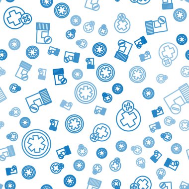 Acil Servis 'in tıbbi sembolünü, Cross Hastanesi' nin tıbbi ve ilaç şişesini ve kusursuz desenli hapları ayarla. Vektör.